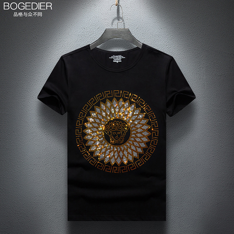 夏季男士烫钻T恤短袖男社会精神小伙胖子大码半袖体恤潮镶钻衣服t