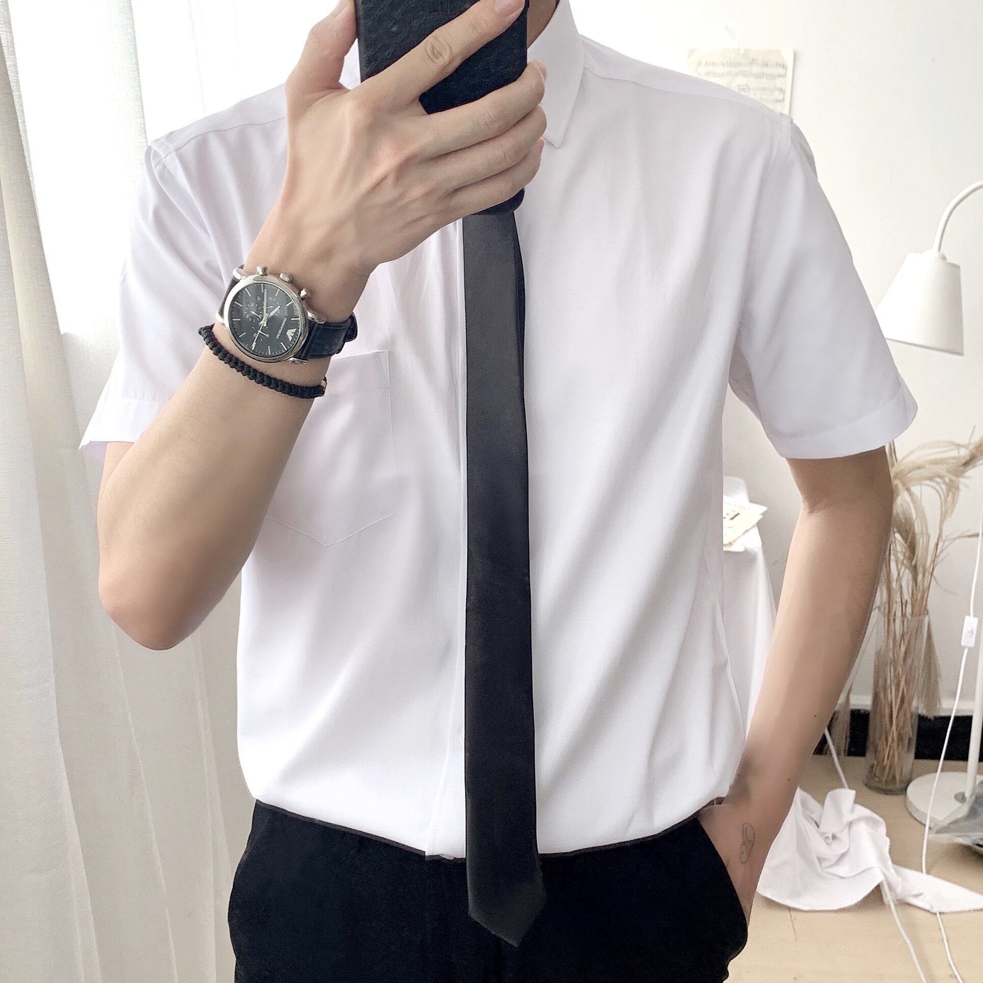 衬衫领带夏季修身潮男短袖帅气商务休闲方领衬衫