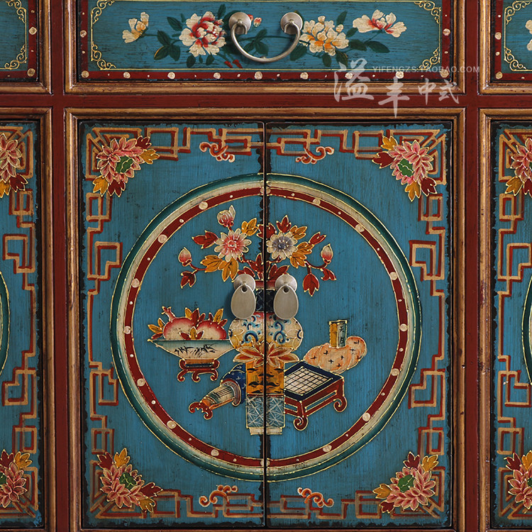 实木明清仿古古典彩绘西藏中式做旧手绘漆柜门厅