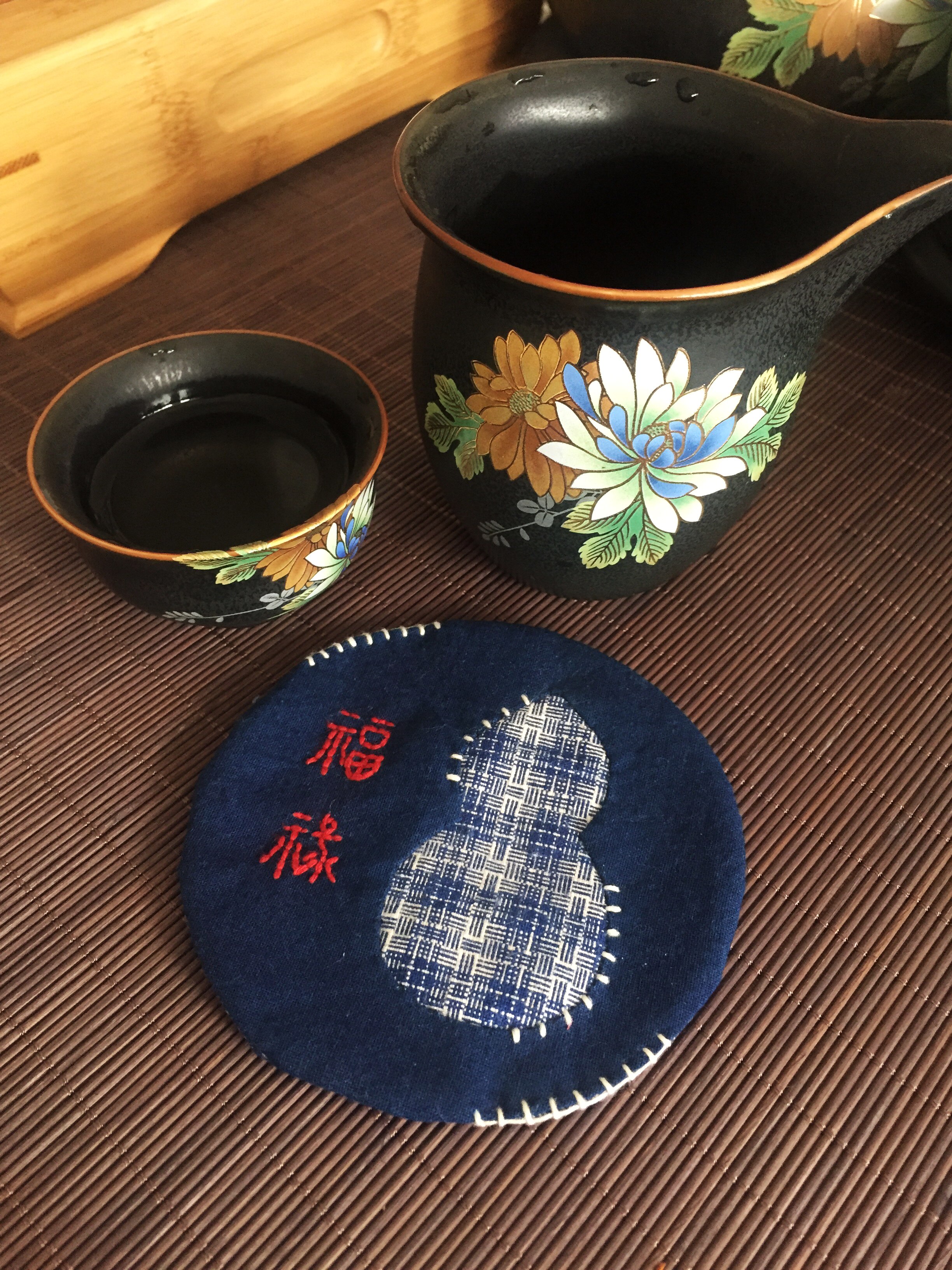 端午节茶道材料蓝染杯垫绣茶布艺礼物手工古纯茶道