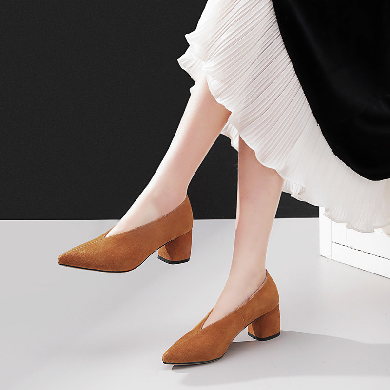 早号春季新款浅口单鞋女尖头高跟鞋奶奶鞋女粗跟单鞋