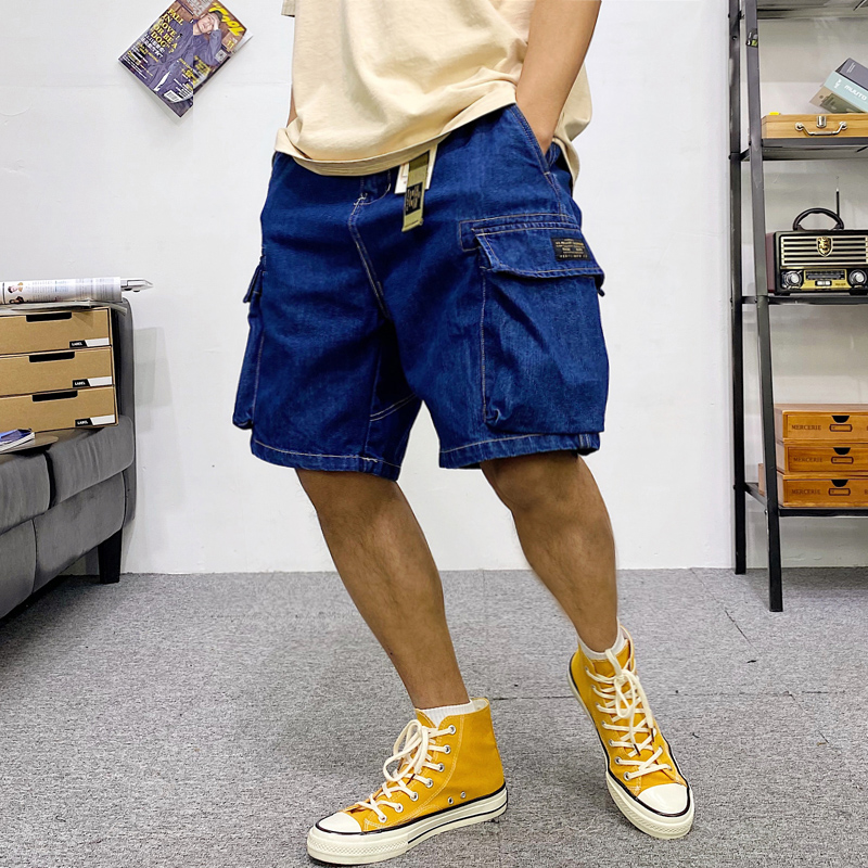 夏季美式复古休闲潮牌余文乐多口袋工装牛仔短裤男宽松百搭五分裤