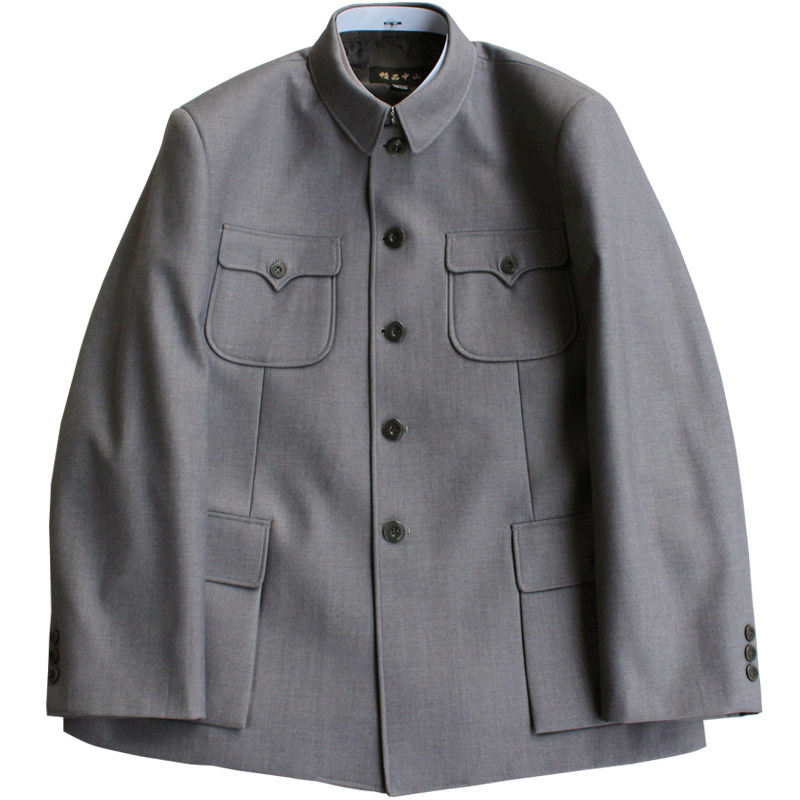 中山装春秋套装毛氏中老年中山爸爸外套浅灰灰色中山装