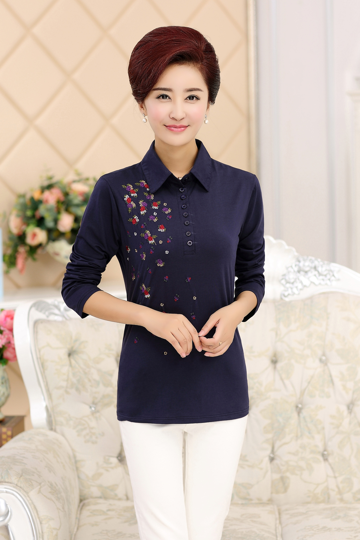 春秋女装长袖运动t恤衫修身翻领方领纯棉中年女士体恤有领上衣服