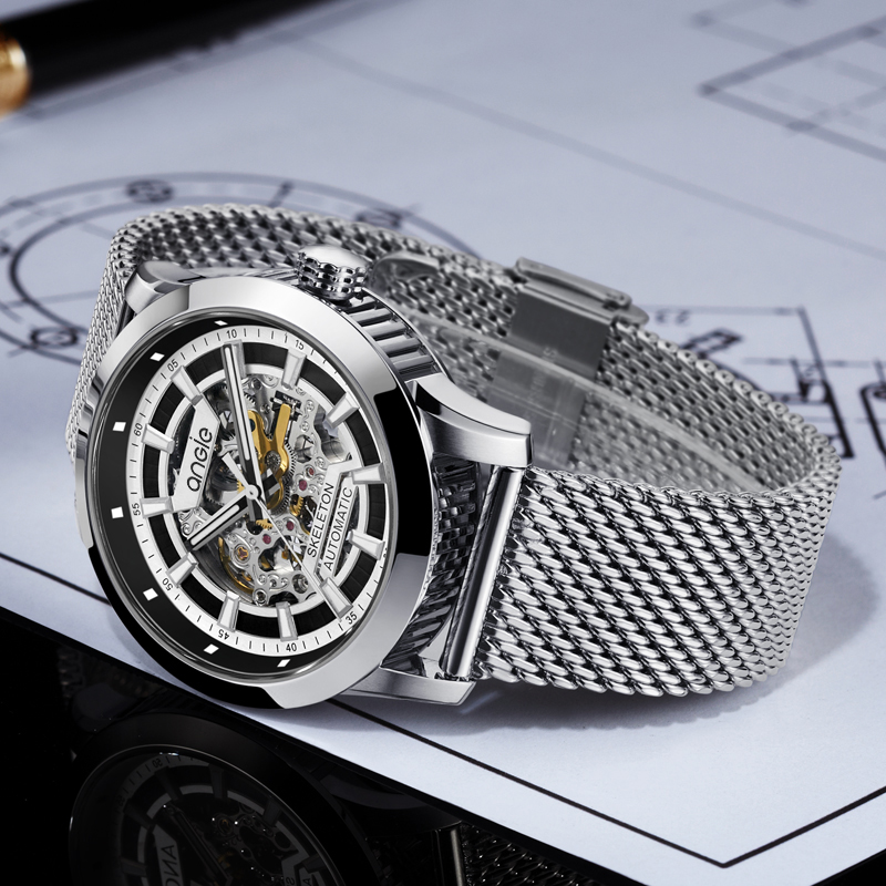 angie手表男士潮流韩版个性酷全自动防水镂空机械表学生国产腕表