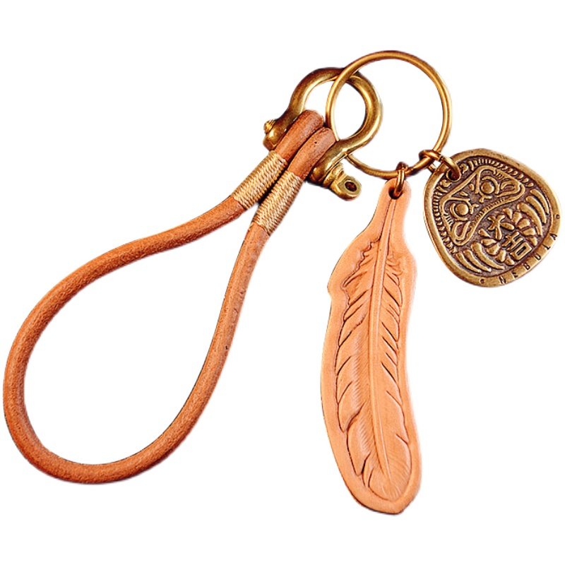 手工工头牛皮原色植鞣复古圆皮腕带皮雕羽毛钥匙扣