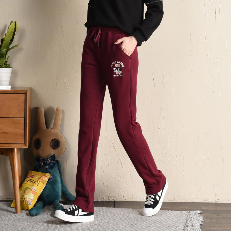 2021新款怪兽小熊羊羔绒运动裤女直筒裤宽松长裤女加绒加厚休闲裤