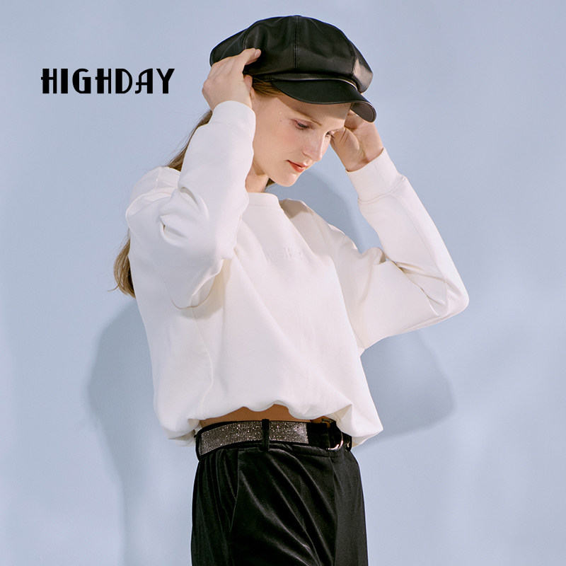highday轩日春秋短款纯色上衣女长袖白色宽松字母卫衣潮