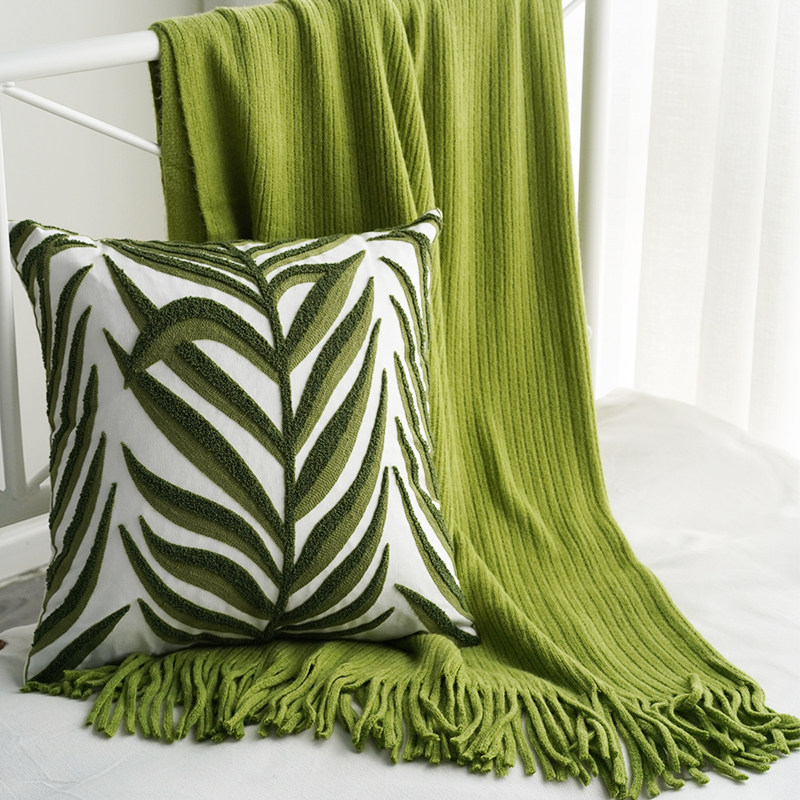 北欧田园草绿色针织毯子床尾巾盖沙发装饰纯色休闲毯