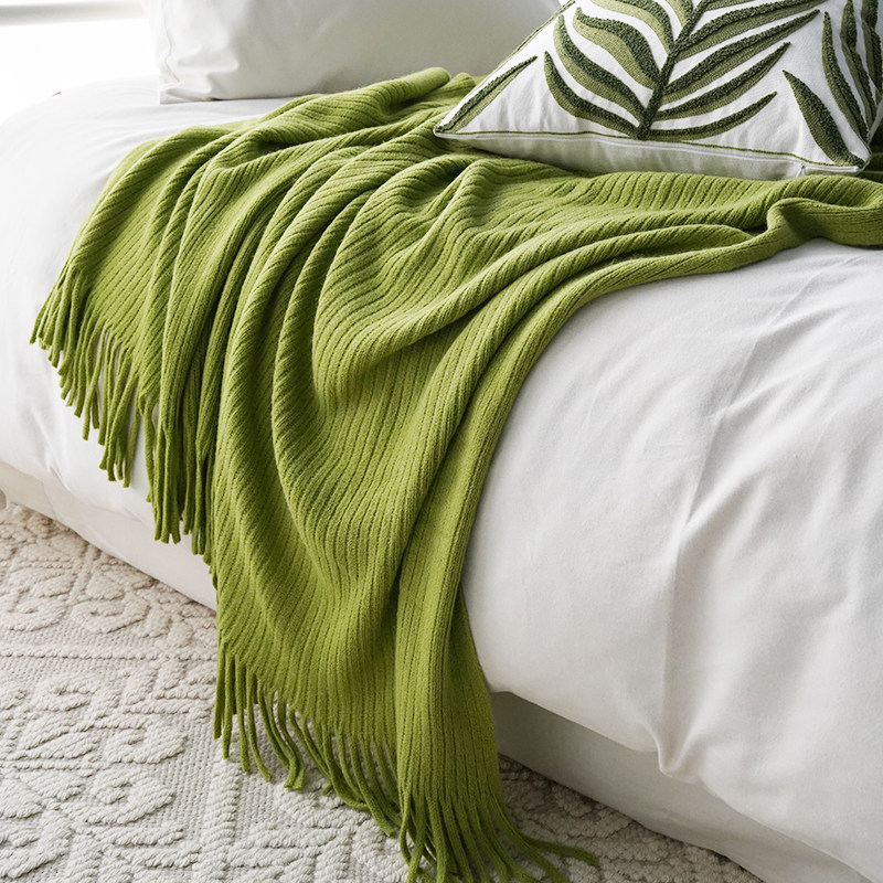 北欧田园草绿色针织毯子床尾巾盖沙发装饰纯色休闲毯
