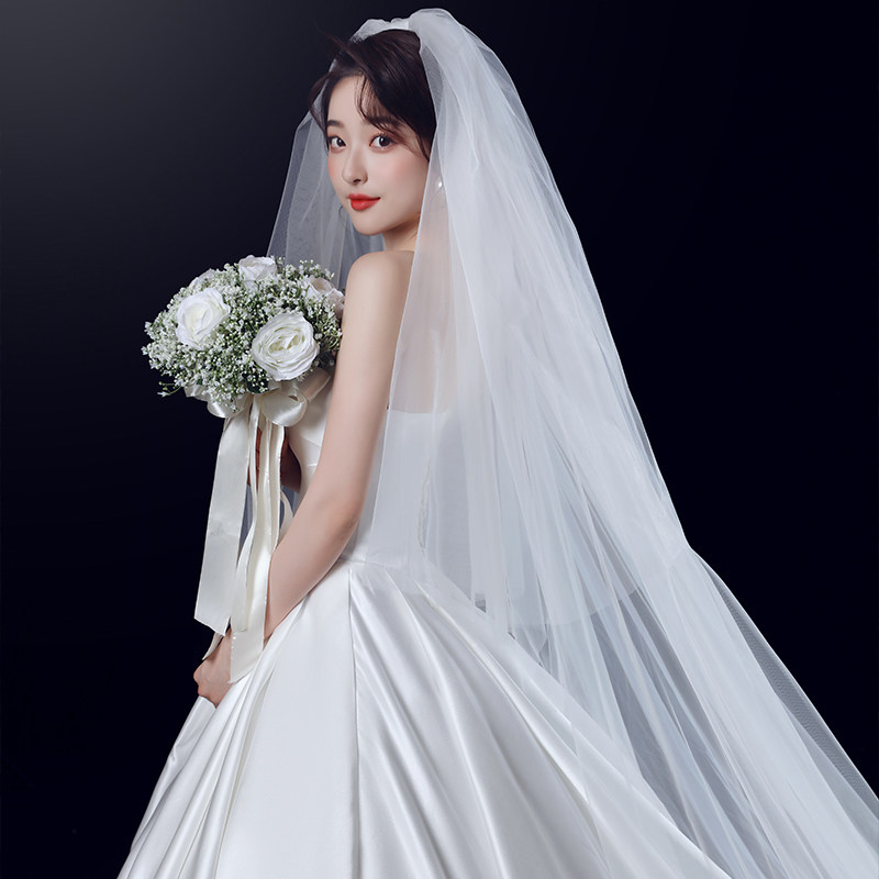 新款头纱新娘主婚婚纱白色长款香槟色拖尾头饰头纱