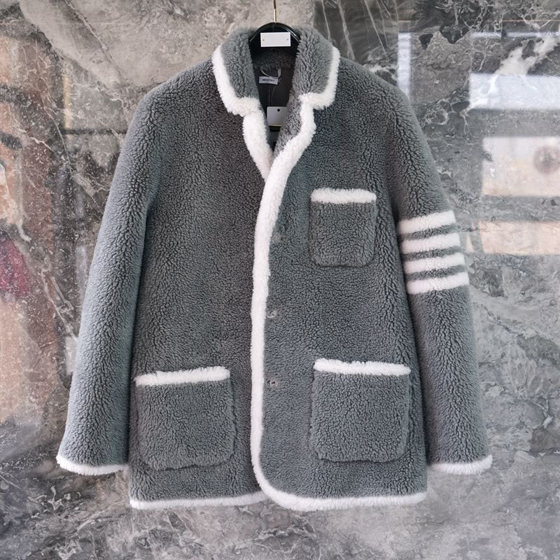 冬季TB羊羔毛棉衣男女同款男士宽松翻领四道杠皮毛一体棉服外套潮