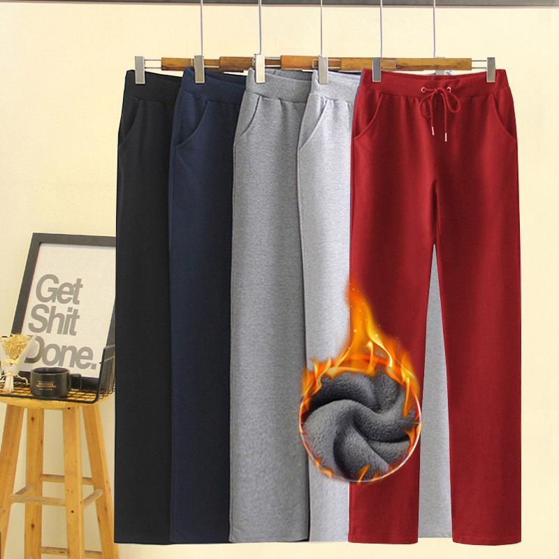 大码运动裤女胖mm200斤宽松秋冬纯棉直筒高腰卫裤加厚加绒休闲裤
