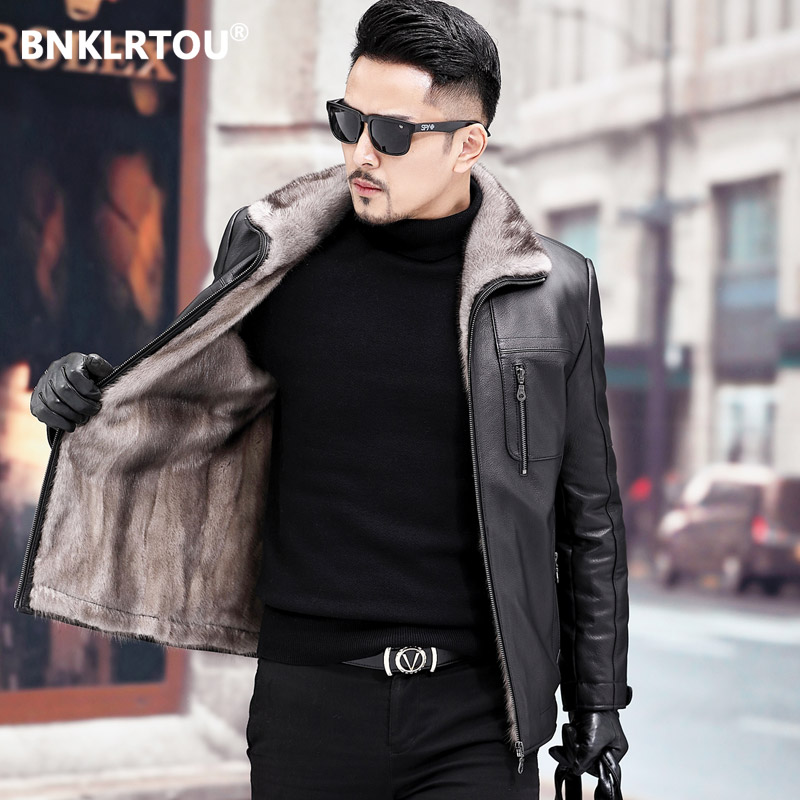 整貂水貂内胆真皮皮衣男牛皮皮夹克海宁皮毛一体男貂皮大衣厚外套