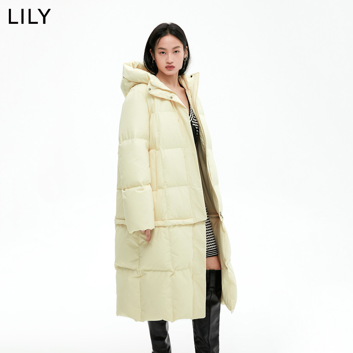 【商场同款】lily2022冬新款女装时尚保暖连帽纯色长款羽绒服外套 –