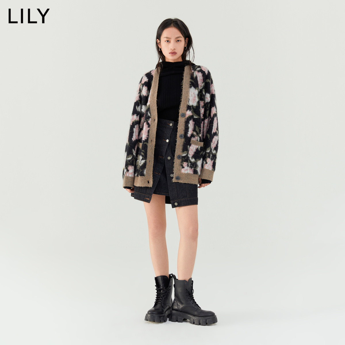 【商场同款】lily2022冬新款女装别致洋气艺术提花通勤款针织开衫 – 