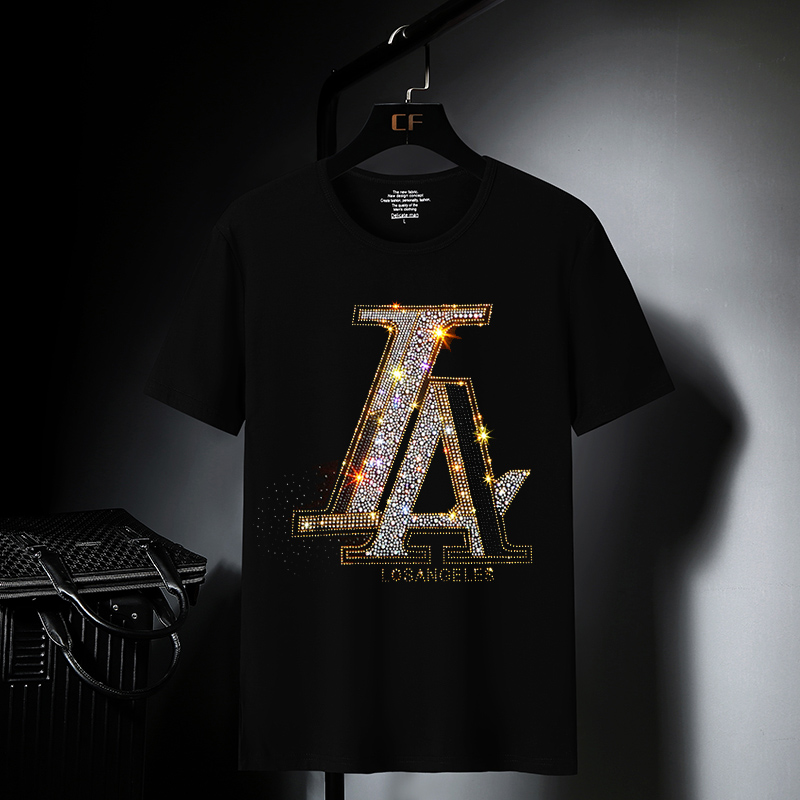 欧洲站烫钻短袖男流行潮牌男t恤ins潮流帅气大码丝光棉半袖男装