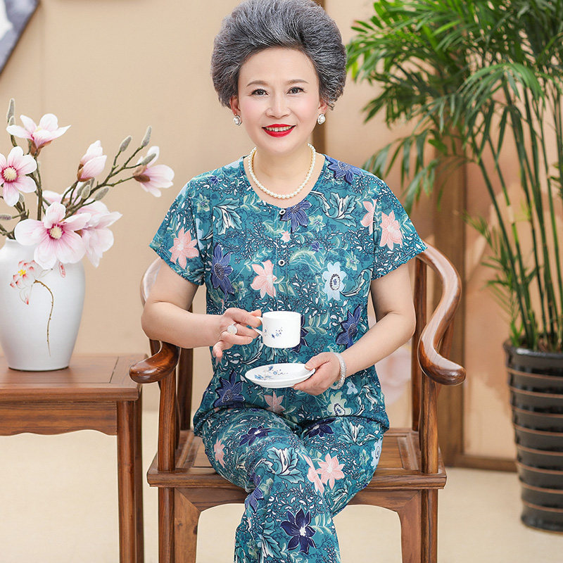 奶奶装夏装冰丝短袖两件套装中老年女装妈妈60岁70老人夏天衣服女