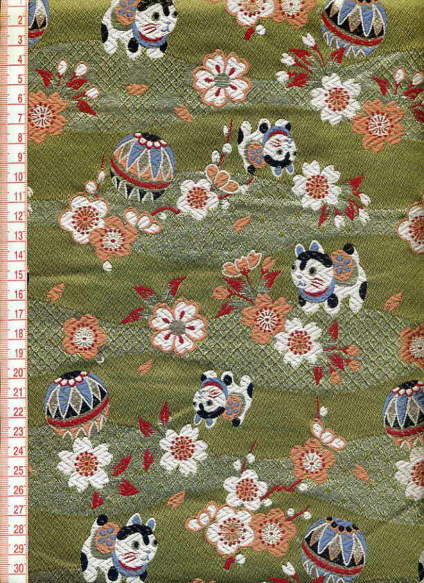 日本进口 和风布料 西阵织 织锦缎 金襕织物 小狗耍绣球(绿)