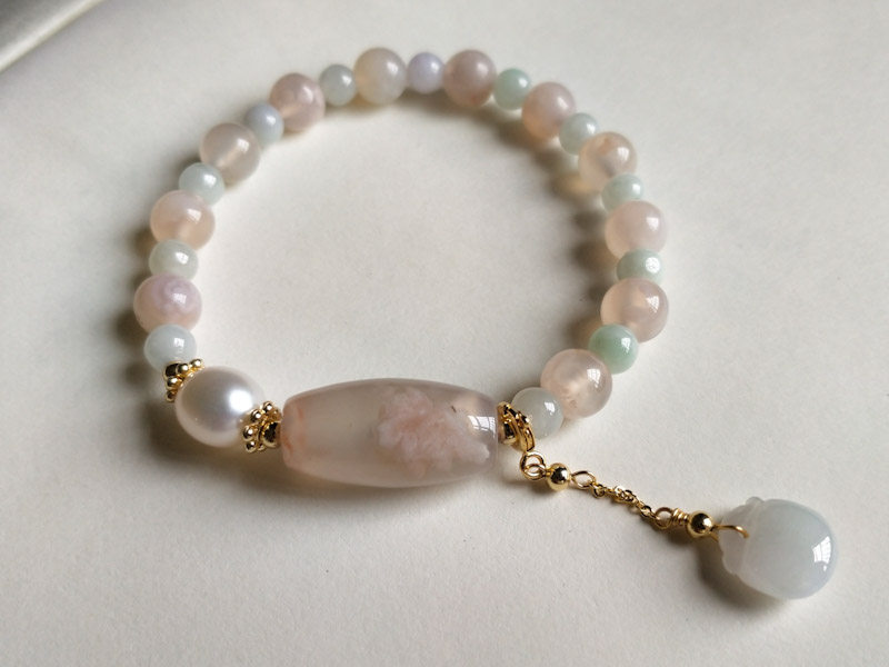 青莲山樱原创汉服配饰天然樱花玛瑙翡翠珍珠手链