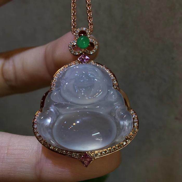 吊坠天然货翡翠玉老坑玻璃种白玉佛钻石毛衣颈饰
