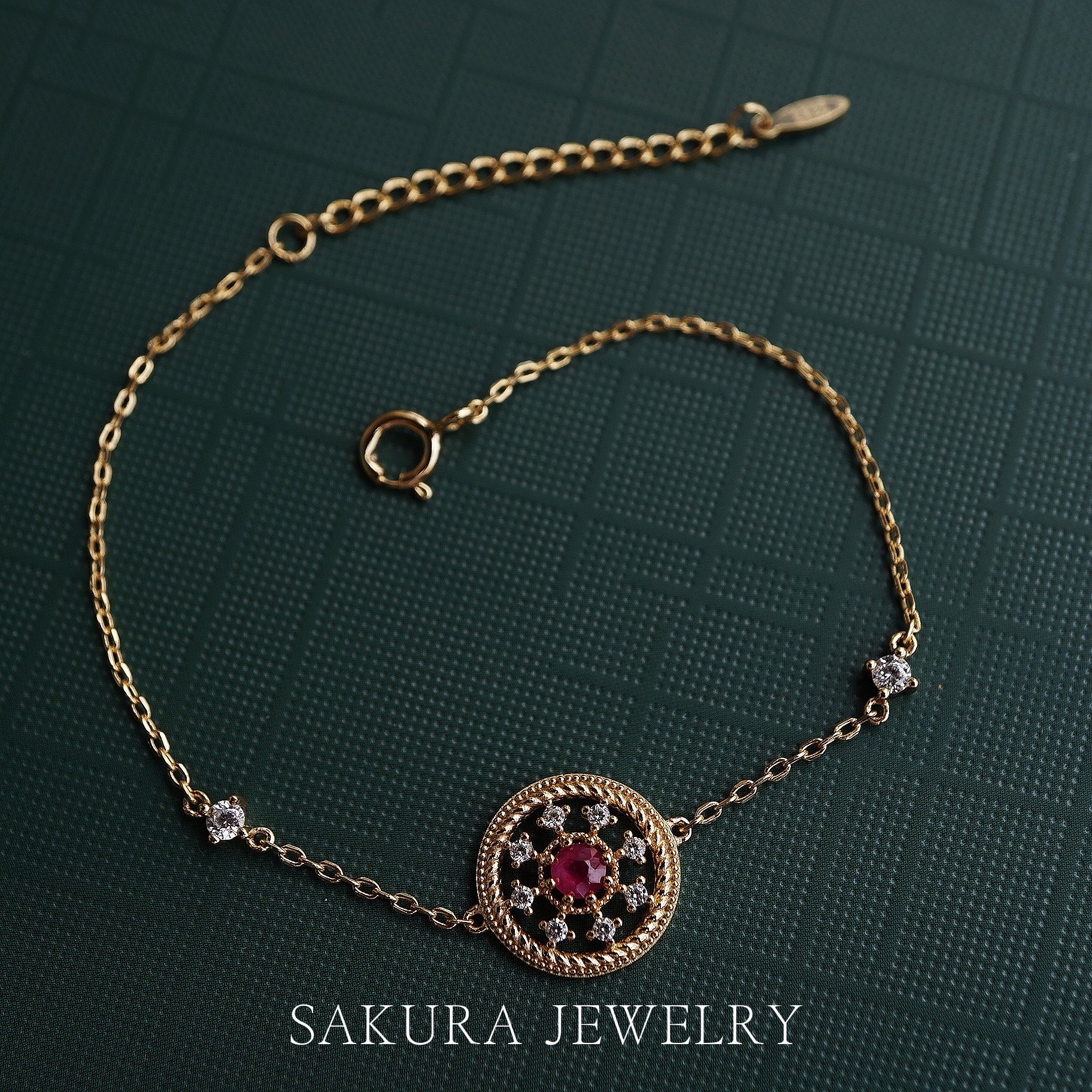 大熊宫廷巴洛克复古圆盘纯银镀金天然红宝石手链手链