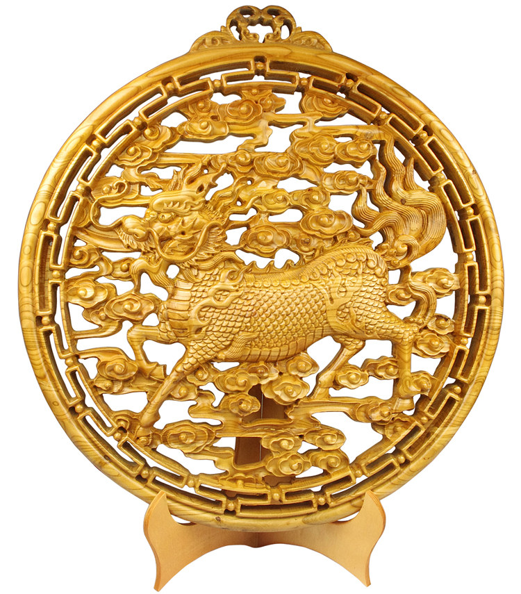 普生缘麒麟桃木实木雕刻家居装饰品壁饰摆件客厅玄关装修风水挂件