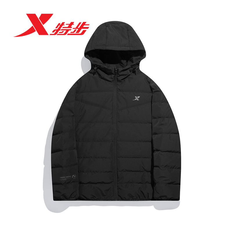 特步羽绒服外套男2021秋冬新款保暖加厚棉服男装运动连帽羽绒服