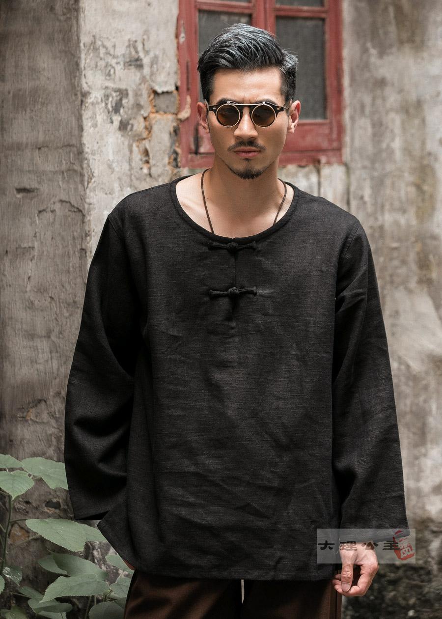 葛衣中式盘扣圆领亚麻长袖衬衣衬衫宽松居士衬衫