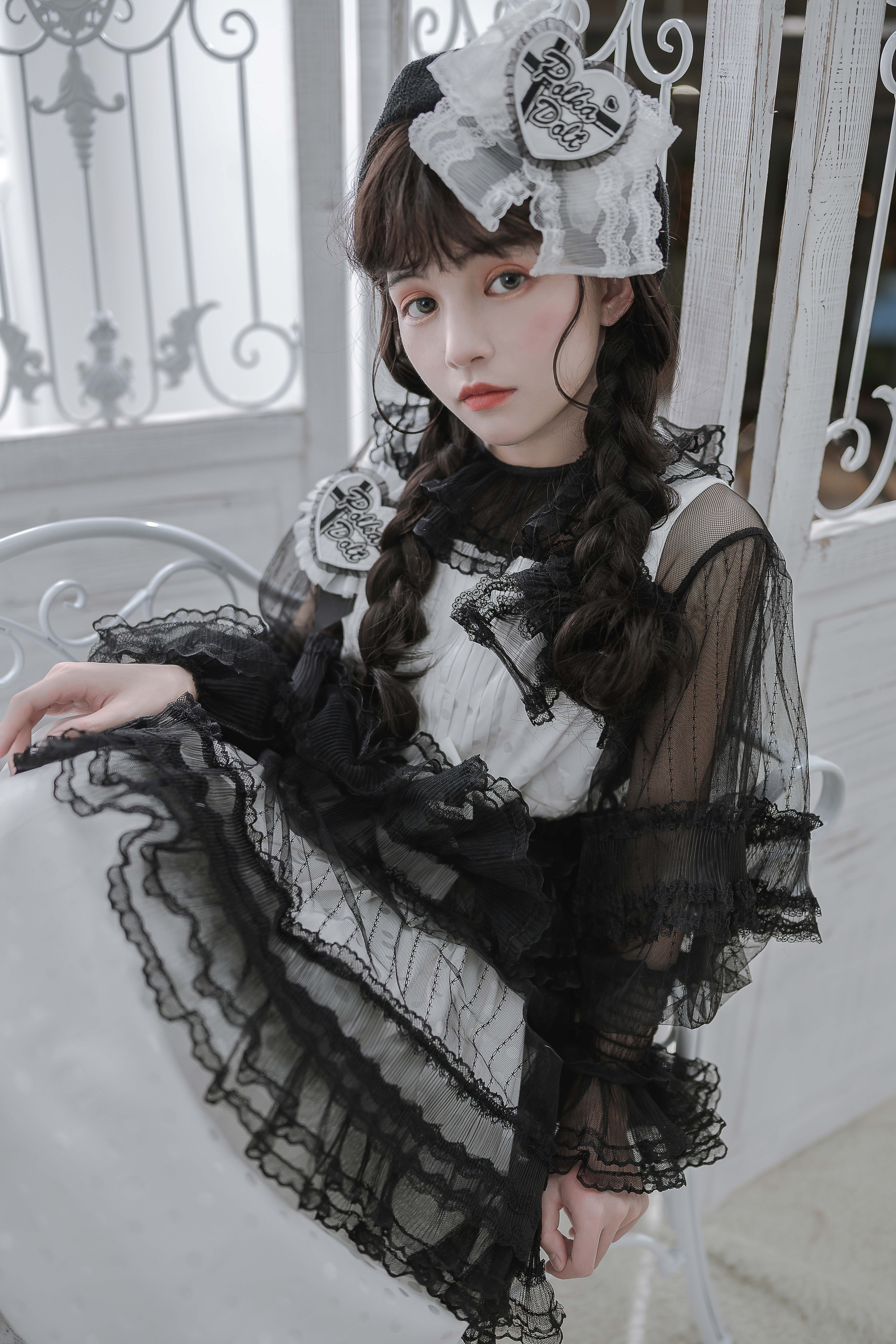 fayefaye现货polkadolt原创蕾丝丝网半透羊腿灯笼衬衫定制