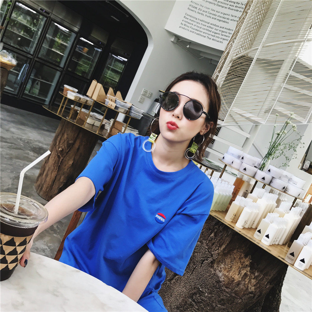 2017新款夏装韩版刺绣t恤女宽松圆领显瘦蓝色短袖百搭休闲上衣潮