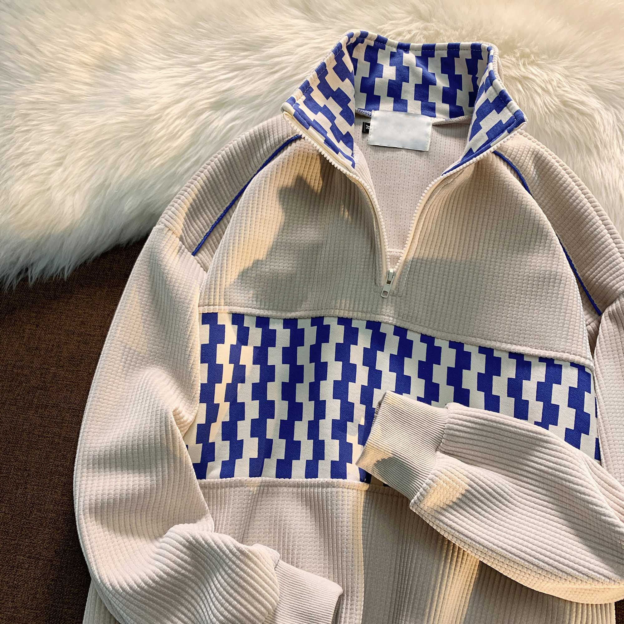 美式hiphop炸街半拉链华夫格加绒卫衣男女冬季bf慵懒高级感上衣潮