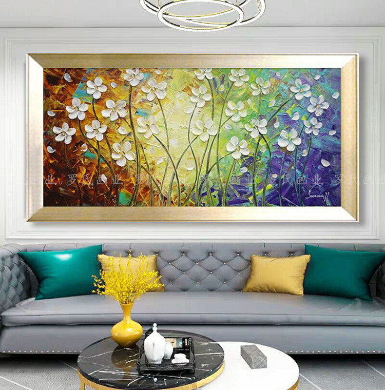 客厅装饰画沙发背景墙画纯手绘油画现代简约花卉横幅油画