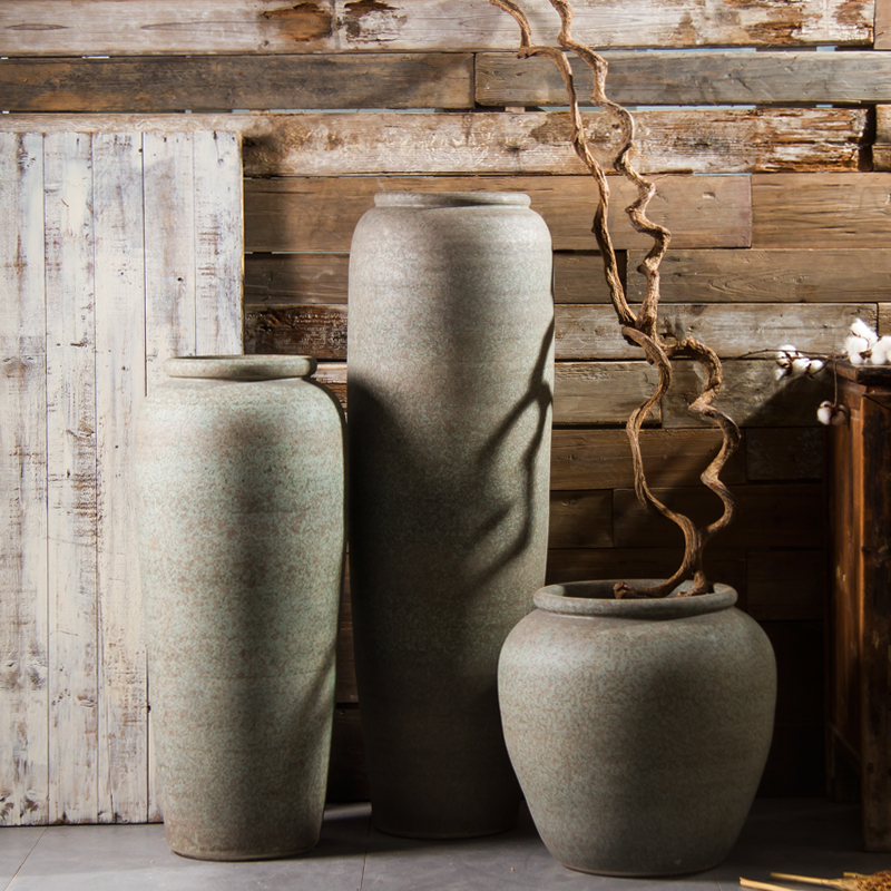 新中式禅意复古手工粗陶陶罐青色花钵落地大花瓶花瓶