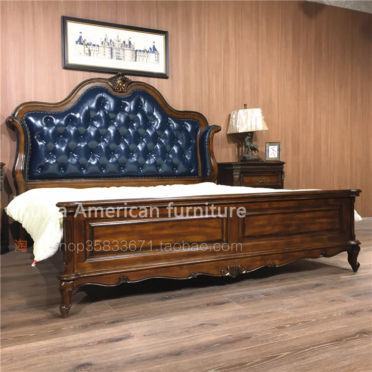 欧美外贸仓储家具美式复古蓝色头层牛皮油蜡皮艺床