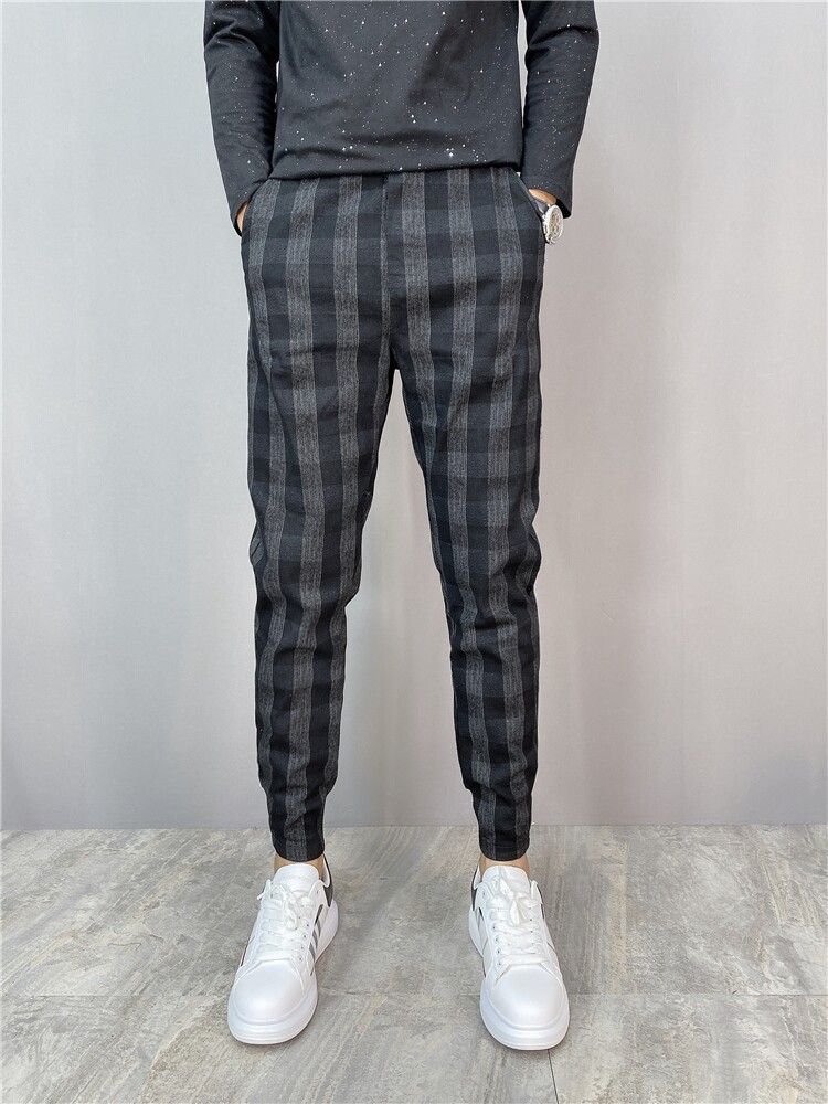 春夏新款男士格子休闲裤弹力修身小脚九分哈伦休闲裤