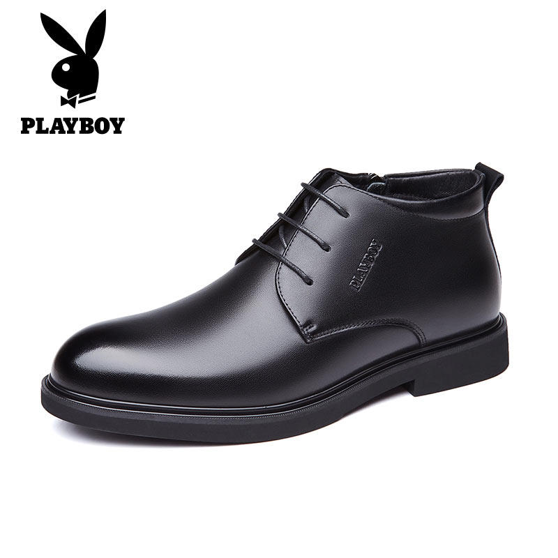playboy花花公子官方旗舰店男鞋真皮加绒加厚保暖高帮棉鞋高帮鞋