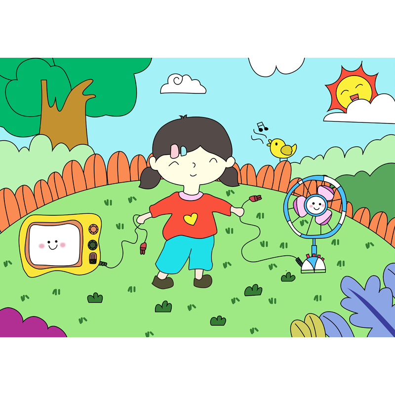 节约用电儿童绘画模板电子版小学生4k勤俭节约半成品