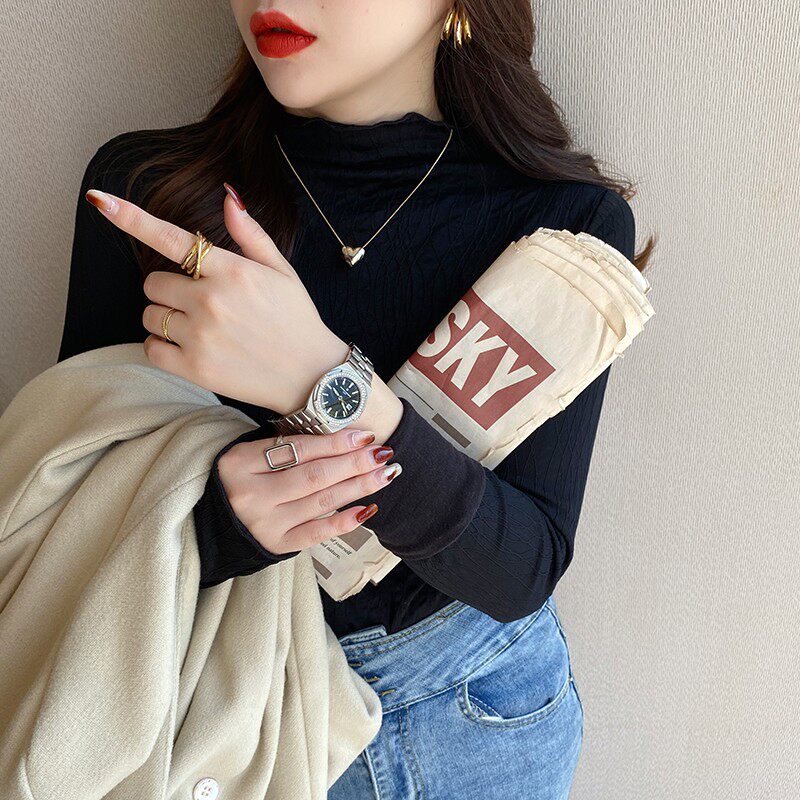 打底衫2022秋冬新款女高级感蕾丝加绒加厚内搭半高领木耳边上衣