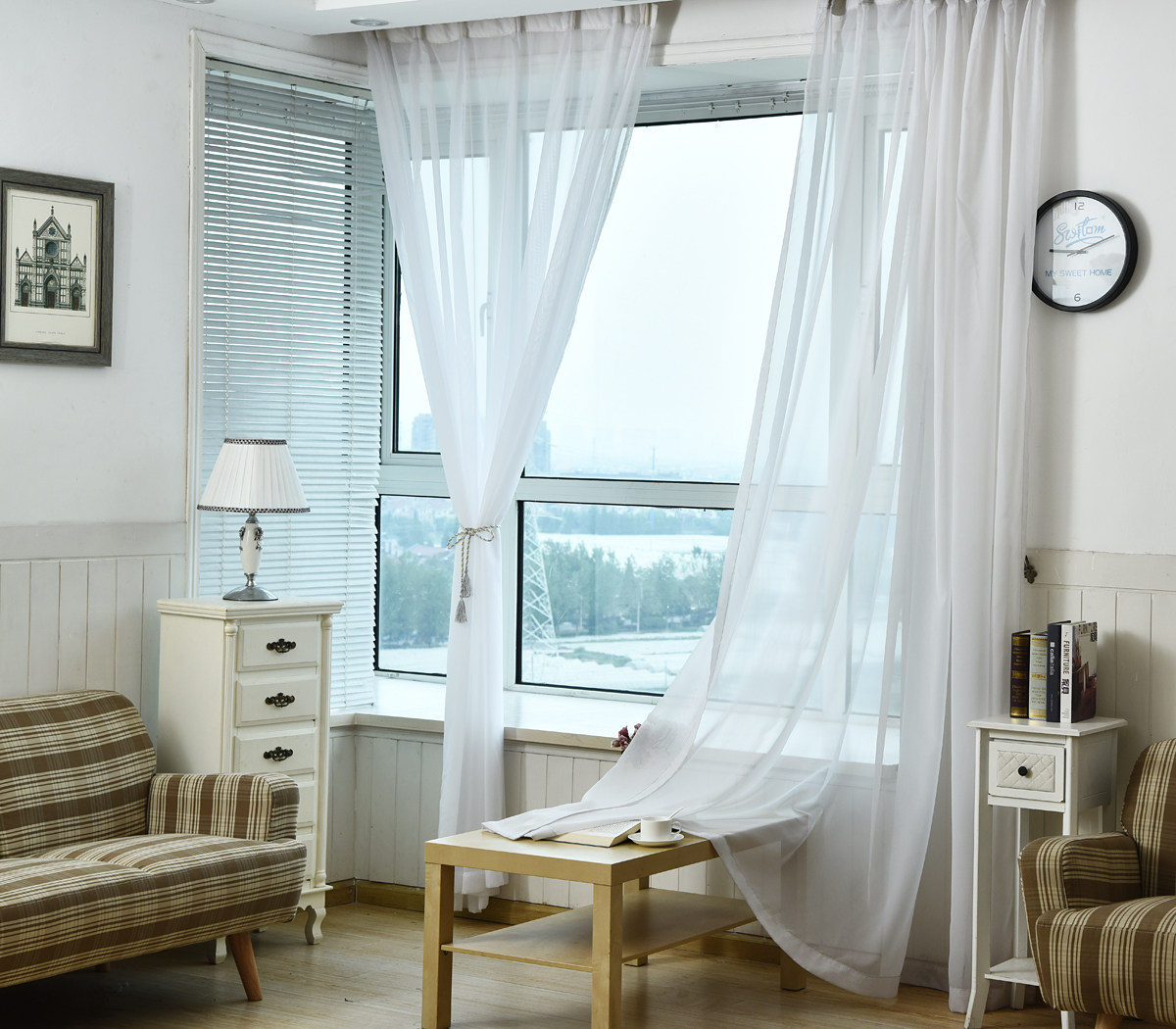 简约纯白色绿色粉色透光窗帘书房阳台客厅飘窗成品窗帘