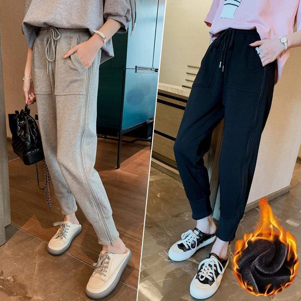 欧洲站灰色运动裤女加绒宽松束脚网红裤子子女休闲裤