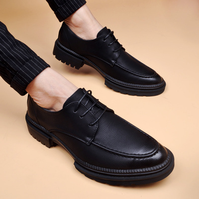 新款男士商务正装尖头皮鞋系带黑色休闲韩版时尚皮鞋工作面试皮鞋