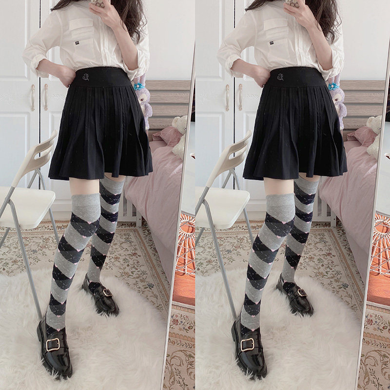 甜辣辣妹菱格过膝jk制服大腿袜校供感学院短袜