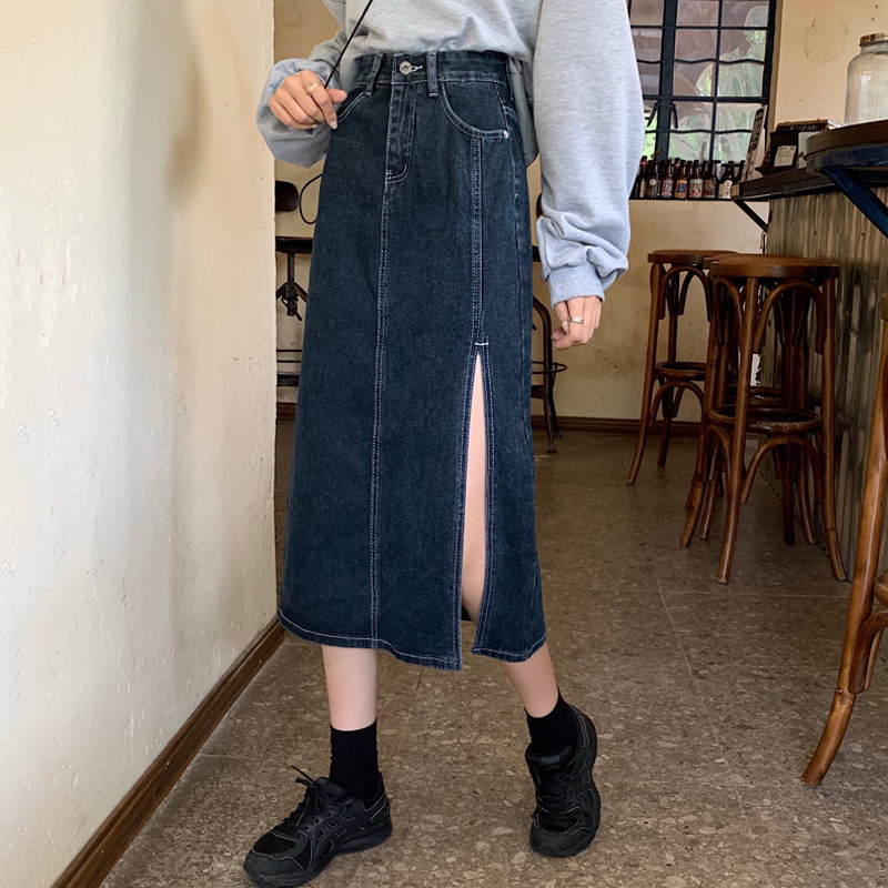 春秋季高腰牛仔裙2021新款设计感开叉半身裙女装中长款垂坠感裙子