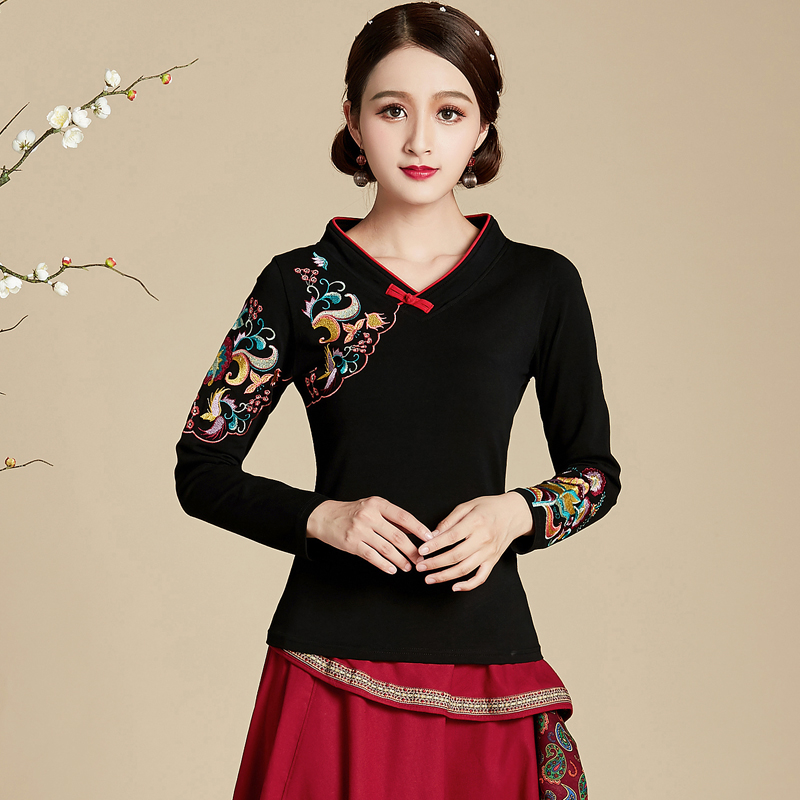 刺绣女上衣长袖春秋季打底衫复古民族风绣花t恤云南中国风女装