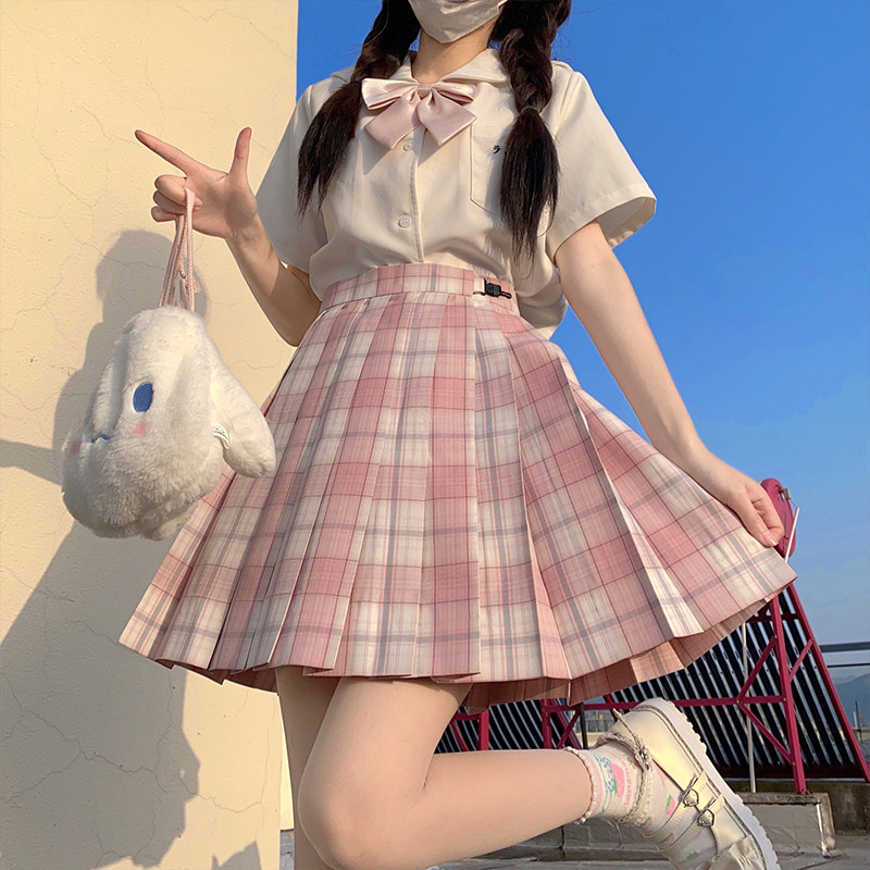 jk格裙原创浅椿日系漫画粉色温柔甜美短裙学生校服