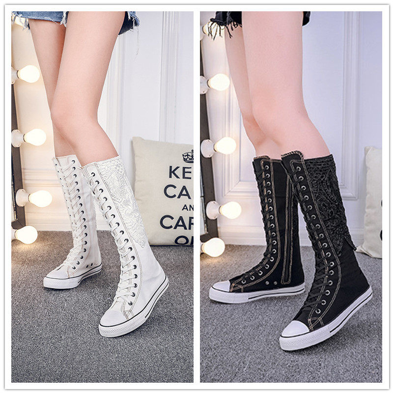 春秋远步原创蕾丝高筒帆布鞋长筒休闲系带拉链帆布鞋