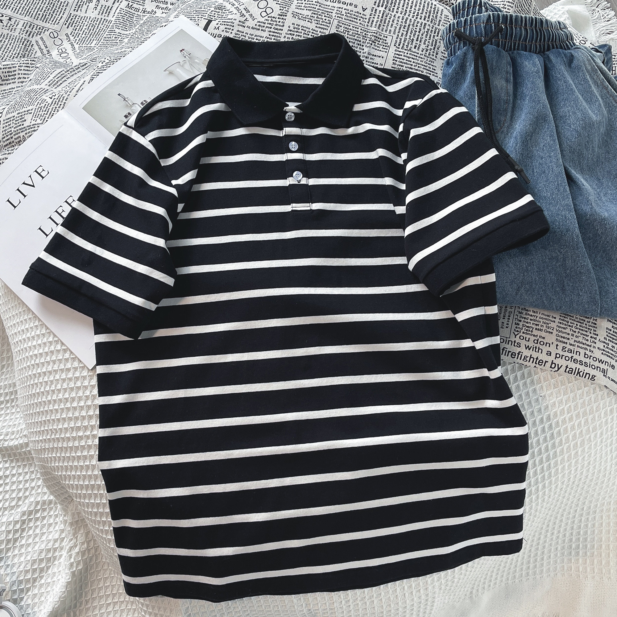 夏季男士短袖衣服潮牌黑白条纹polo半袖宽松polo衫