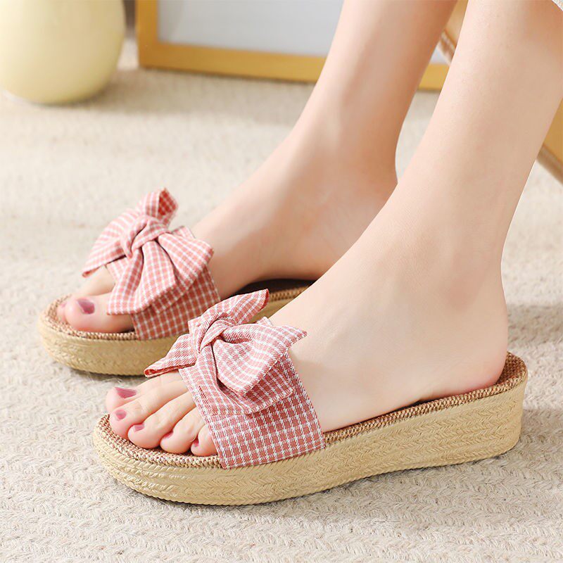 蝴蝶结亚麻家居拖鞋女士室内防滑厚底夏季居家居家亚麻拖鞋