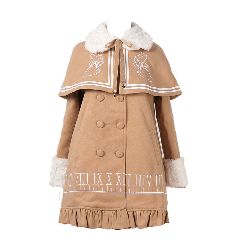 日系少女新款秋冬毛呢学生装刺绣学院斗篷 毛领加绒加厚外套大衣